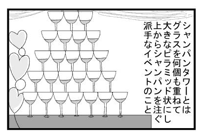 シャンパンタワーとはグラスを何個も重ねて大きなピラミッド状にし上からシャンパンを注ぐ派手なイベントのこと